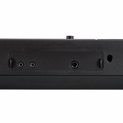 Parte traseira preta de equipamento eletrónico com três portas circulares etiquetadas