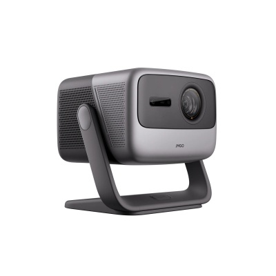 Projetor IMGO cinza com suporte preto e lente visível.