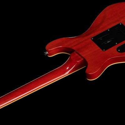 Guitarra elétrica castanho-avermelhada com tampas pretas