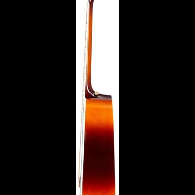 Guitarra acústica de corpo castanho e braço fino de perfil