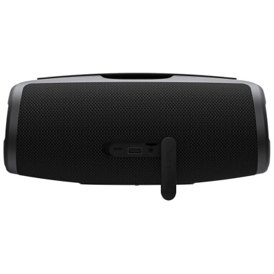 Coluna portátil preta com entradas USB e porta de carregamento