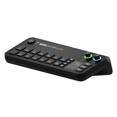 Misturadora de áudio e vídeo preta com botões e luzes coloridas