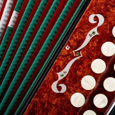 Close-up de acordeão com foles vermelhos e verdes e botões brancos em painel castanho