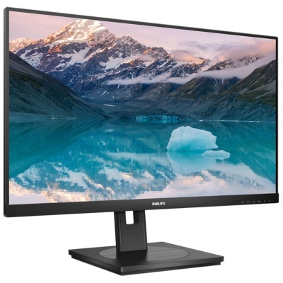 Monitor Philips widescreen preto com suporte e base sólida exibindo paisagem montanhosa
