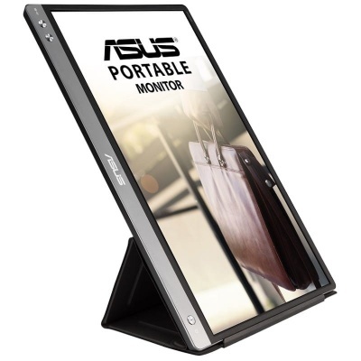 Monitor portátil ASUS preto com texto no ecrã e suporte integrado