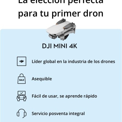 Drone DJI Mini 4K cinza claro dobrado sobre fundo azul com texto promocional em espanhol