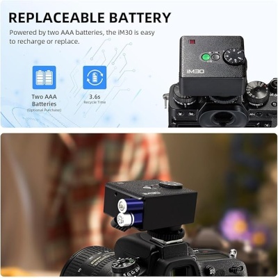 Processador de imagens IM30 preto montado em câmara com duas pilhas AAA visíveis