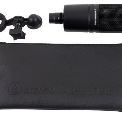 Conjunto de microfone Audio-Technica preto com suporte e bolsa preta