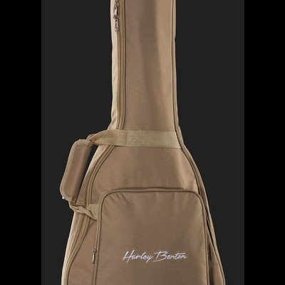 Estojo rígido para guitarra castanho com bolso frontal e o texto Harley Benton em branco