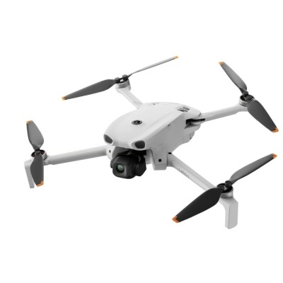 Drone branco com hélices pretas e câmera frontal