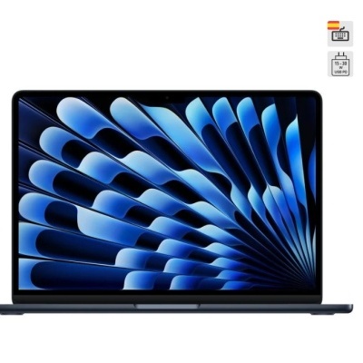 Computador portátil cinzento escuro aberto com ecrã a mostrar padrão azul abstrato