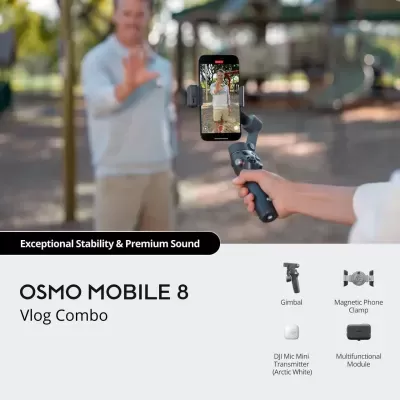 Estabilizador gimbal com smartphone em parque e texto promocional do Osmo Mobile 8 Vlog Combo