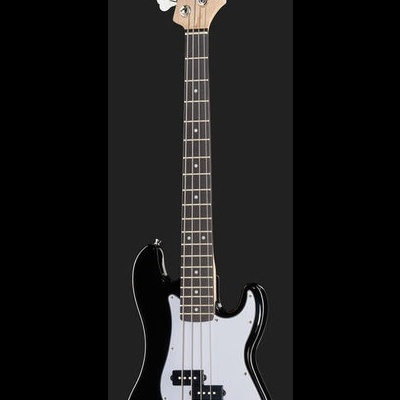 Baixo elétrico de quatro cordas preto com escudo branco