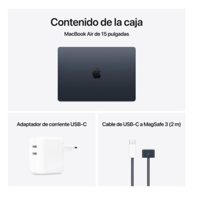 Conteúdo da caixa do MacBook Air 15 polegadas com adaptador USB-C branco e cabo USB-C a MagSafe 3.
