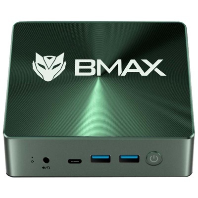 Computador miniatura BMAX verde escuro com portas USB e botão de ligar
