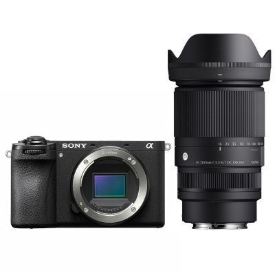 Câmara fotográfica Sony preta com lente telefoto preta