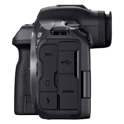 Câmara DSLR preta vista de lado com portas MIC, USB e HDMI