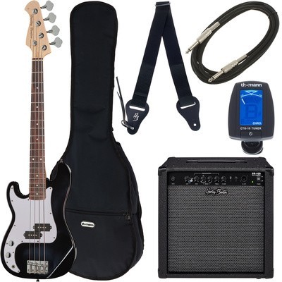 Conjunto de baixo elétrico com acessórios sobre fundo branco