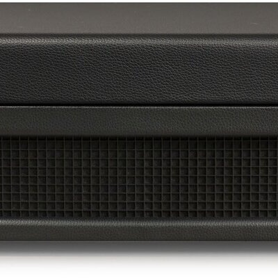 Aparelho de som preto da marca Crosley com grelha frontal preta e parte superior texturizada.