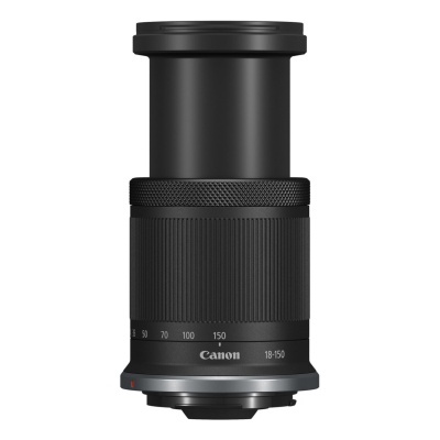 Objetiva Canon 18-150 preta com anel giratório e números de distância focal