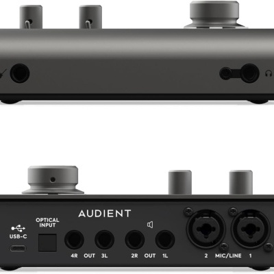 Interface de áudio preta com várias entradas e conectores