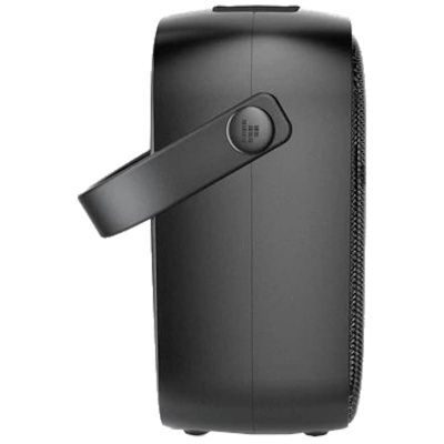 Coluna portátil preta com alça rígida na lateral