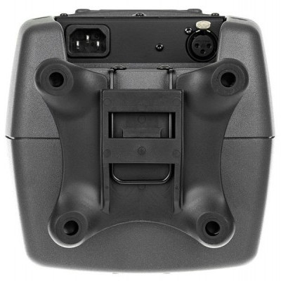 Parte traseira de dispositivo eletrónico cinzento com conectores e suportes de borracha