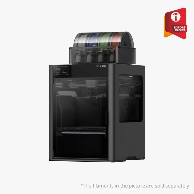 Impressora 3D preta Bambu Lab H2C com filamentos coloridos e selo EDITORS CHOICE