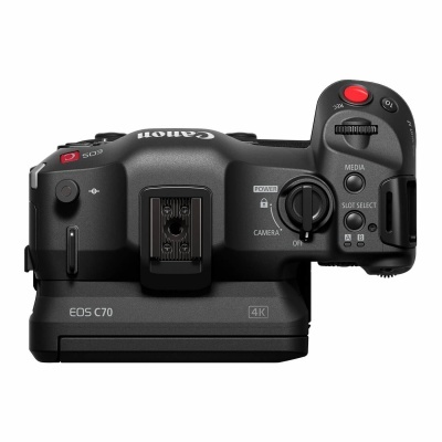 Câmara Canon EOS C70 preta vista de cima com vários botões