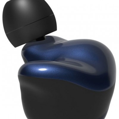 Auricular intra-auricular preto e azul metálico com ponta de silicone