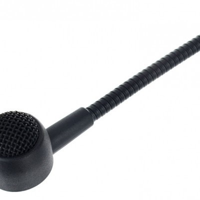 Microfone preto gooseneck com grelha redonda e corpo flexível