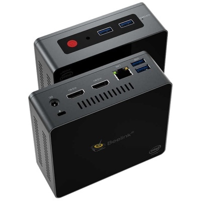Mini PC preto com várias portas e logótipo Beelink