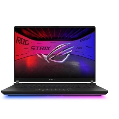 Portátil preto com teclado retroiluminado e ecrã com texto ROG STRIX GAMER
