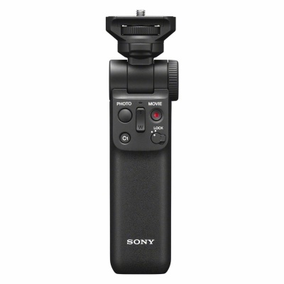 Comando Sony preto para câmara com botões e terminal para fixação.