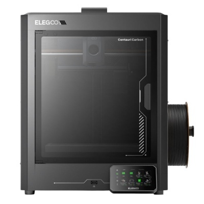 Impressora 3D ELEGOO Centauri Carbon preta com rolo de filamento e painel de controlo iluminado