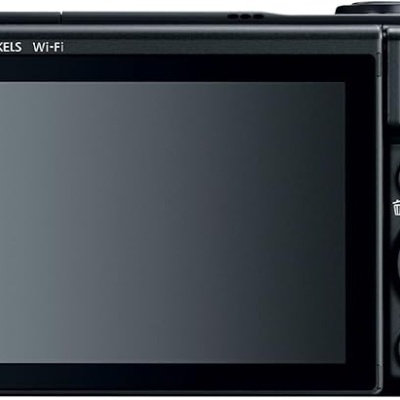 Câmara digital preta com ecrã grande e botões de controlo