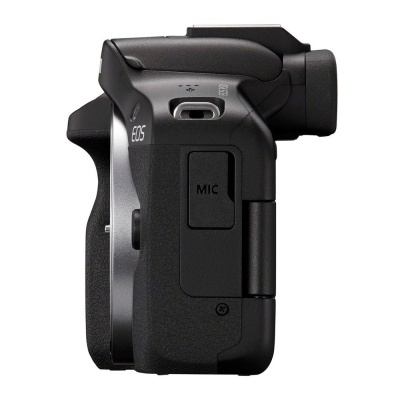 Câmara fotográfica digital compacta preta vista de lado com porta MIC