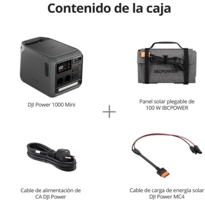 Produtos eletrónicos DJI Power e painel solar IBCPOWER com cabos em fundo branco
