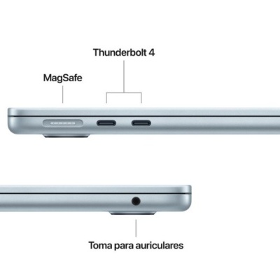Portátil prateado com portas MagSafe, Thunderbolt 4 e entrada para auriculares