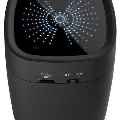 Esterilizador UV preto compacto com luzes azuis e interruptor ON/OFF