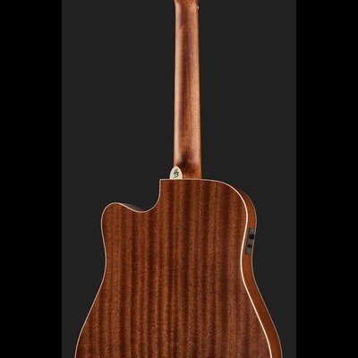 Guitarra acústica castanha escura com corte e tarraxas brancas vista de trás