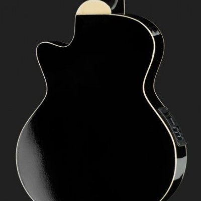 Parte traseira de guitarra elétrica preta com acabamento brilhante e contorno branco