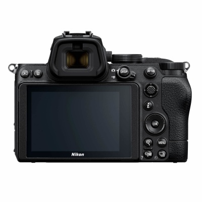 Câmara digital Nikon preta vista de trás com ecrã LCD e botões