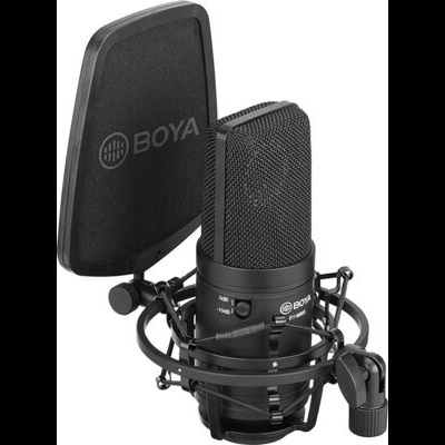 Microfone condensador preto BOYA com suporte antivibração e filtros