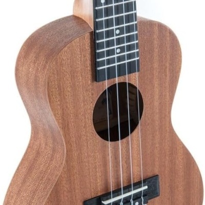 Ukulele de madeira natural com quatro cordas e trastes brancos