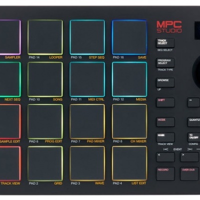 Controlador AKAI Professional MPC Studio preto com pads coloridos e botões