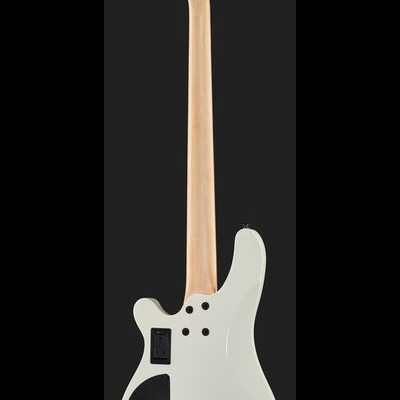 Guitarra elétrica branca vista de costas com braço de madeira clara e tarraxas pretas