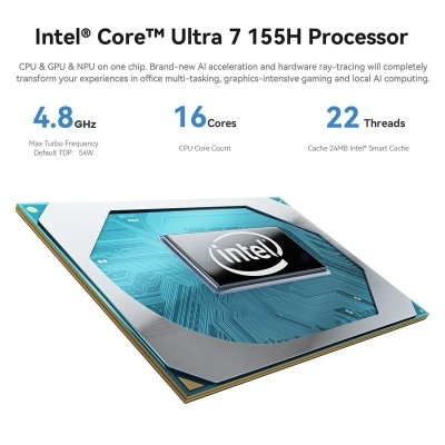Processador Intel Core Ultra 7 155H com características técnicas em fundo branco