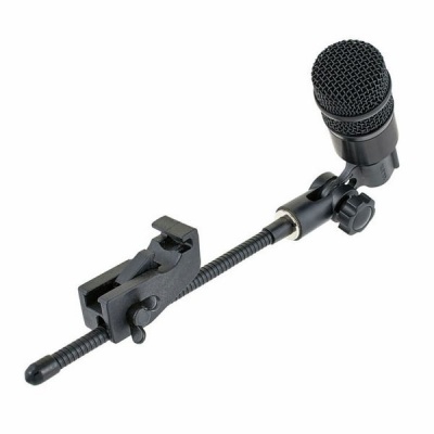 Microfone preto com suporte ajustável e base de aperto