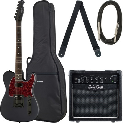 Conjunto de guitarra elétrica preta com acessórios e amplificador